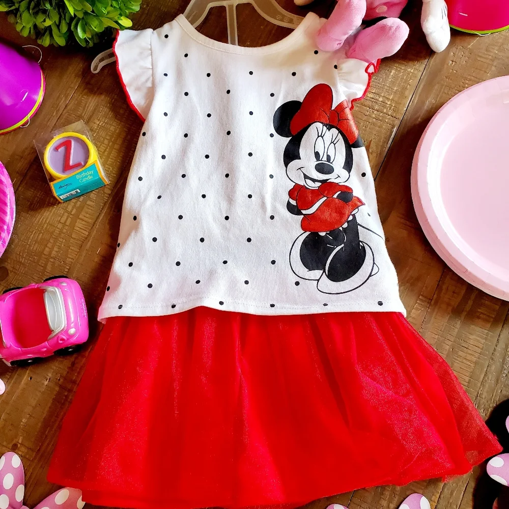 Disney Mini Mouse Girl Birthday Bundle, Tutu Dress, Banner, Party Supplies 2T